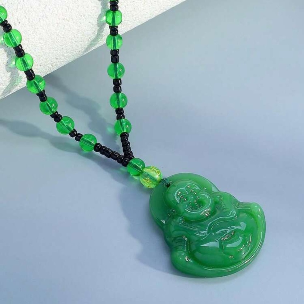 Dark Green Buddha Pendant, Faux Jade Medium-long Style Sweater Lucky Necklace